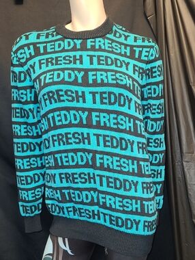 Teddy Fresh Black and Teal Knit Sweater Sz Med Like New